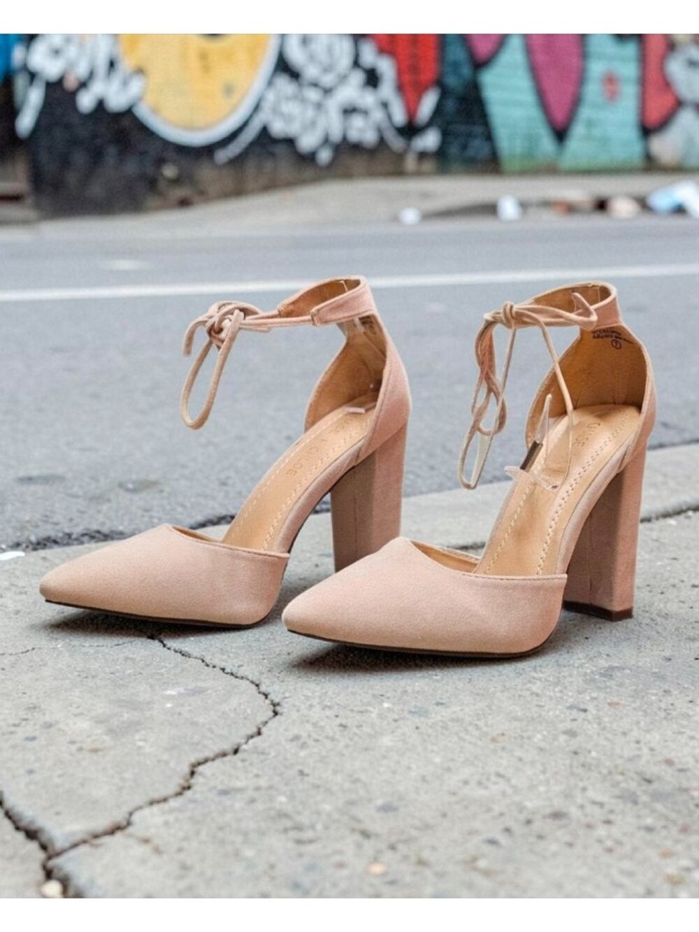 Ankle Strap Block Heel Suede Pumps In Nude Beige For Women